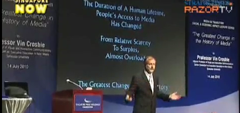 Vin Crosbie, managing partner of Digital Deliverance LLC is frequently hired to speak or lecture at media events and conferences. For example, here is a television news story about how he recently gave the hour-long third annual Singapore Press Holdings Foundation Media in Transition lecture before an audience of 400 people at the National Library of Singapore (click here for...